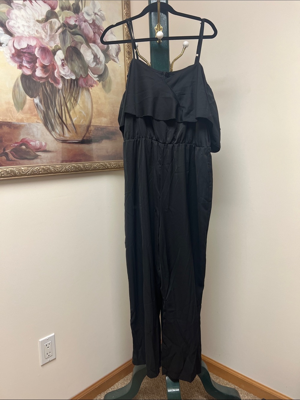 SHEIN Black Ruffle Overlay Spaghetti Strap Jumpsuit